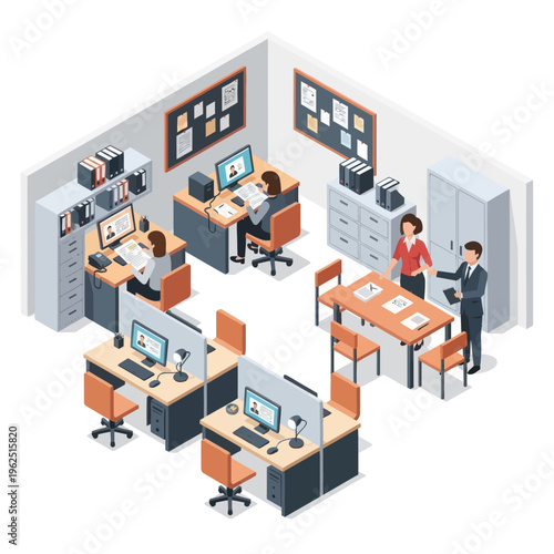 Isometric Office Space with Employees and Meeting Area.