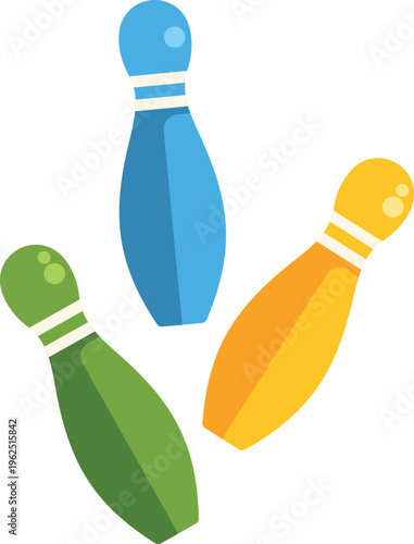 Three bowling pins in blue, green, and yellow on a white background