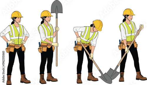 Illustrated construction worker in safety gear, hard hat, vest, gloves, tool belt, using shovel, manual labor posture artwork design showcase