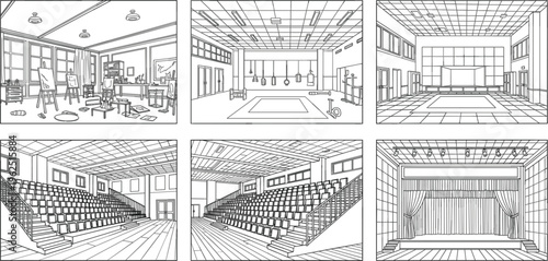 Interior Spaces Line Illustration Set with Classroom, Gym, Auditorium, Stage and Educational Facilities Architecture for School and Public Buildings Design