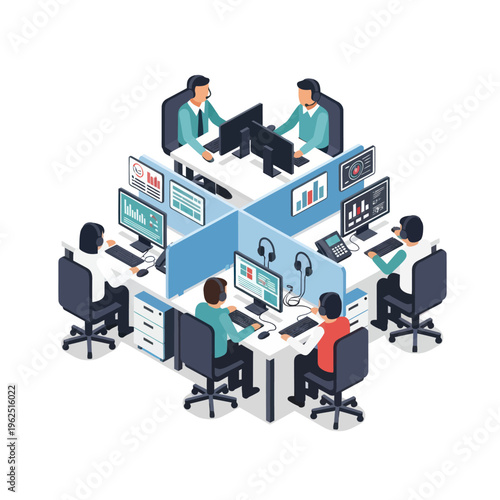 Isometric View of a Modern Open-Plan Office with Employees.