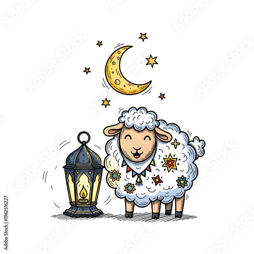 Eid al-Adha sheep, crescent moon, lantern, stars illustration, Islamic holiday, festive animal, cartoon style isolated on Transparent Background