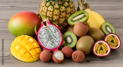 Assorted tropical fruits on wooden surface pineapple mango kiwi