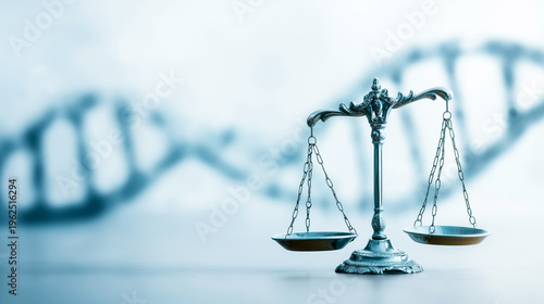 Balance scale symbolizing law and ethics, with a DNA helix background, depicting forensic genetics, legal research, and corporate responsibility
