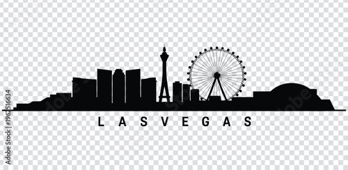 Vector illustration black silhouette of las vegas city skyline with ferris wheel and eiffel tower replica
