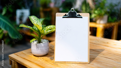 Blank white paper on wooden clipboard providing copy space for announcement, menu, or information in natural environment