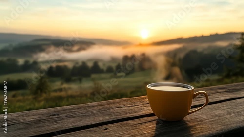 Steaming coffee cup on wooden surface overlooking sunrise landscape