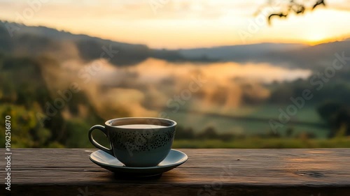 Steaming coffee cup on wooden surface overlooking a blurred scenic view