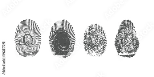 Collection of four isolated distressed black human thumbprint and biometric fingerprint marks