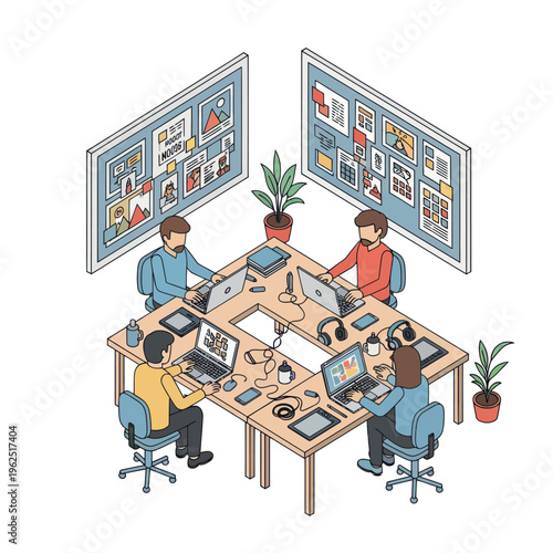 Collaborative Workspace - Team Meeting at Corner Desk with Tech and Plants.
