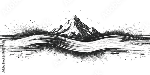 Abstract monochrome mountain landscape with sweeping horizontal brush strokes and digital halftone textures