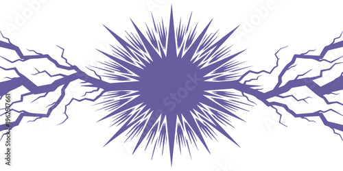 Purple electric lightning bolt strike connecting to a central exploding starburst energy core