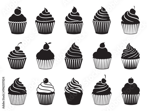 A collection of decorated cupcakes with various frosting designs