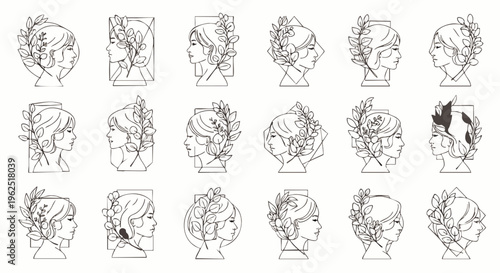 Elegant Line Art Collection of Women's Profiles with Botanical Elements. Minimalist Female Portraits, Modern Abstract Feminine Beauty Illustrations Vector Set.