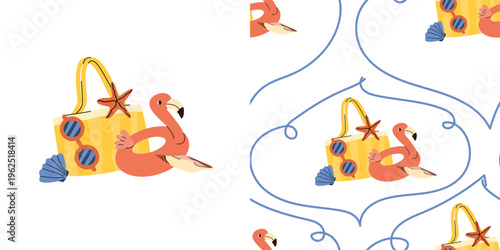 Set of summer vacation concept illustration flamingo ring, eyeglasses with seamless pattern. Tropical beach seaside elements seashells and summer vacation print with curves. Can use for textile, fabri