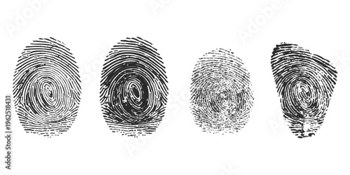 Set of four isolated black and white human fingerprint biometric identity marks