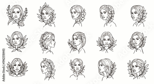 Collection of elegant hand-drawn female portraits featuring diverse hairstyles and natural leaf adornments, ideal for beauty, fashion, and nature-themed designs, line art vector.
