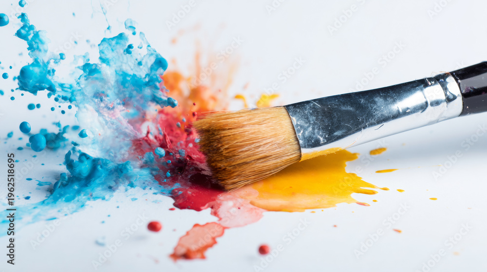 Fototapeta premium Paint brush interacting with vibrant splashing colors, creating dynamic art and artistic expression