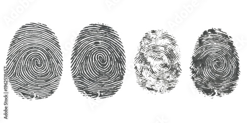 Set of four isolated distressed grunge black human fingerprint biometric identity marks