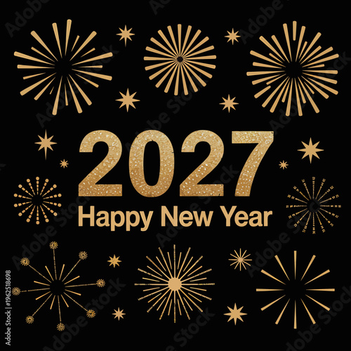 Golden fireworks and text on black background saying Happy New Year 2027