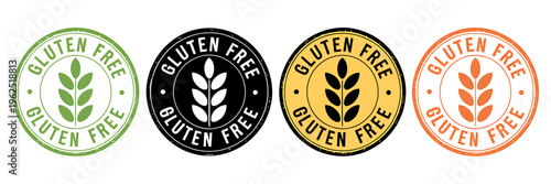 Gluten free food labels with wheat icons in different colors and styles