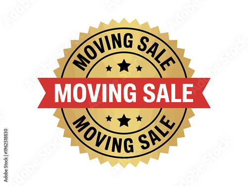 Moving sale gold stamp with red banner and white text on transparent background