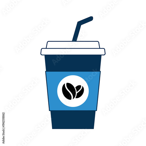 Blue disposable coffee cup with straw and coffee beans logo on side  take away cup