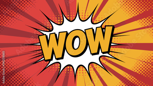 Vibrant comic book style explosion with wow text in yellow and red hues