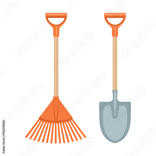 Two gardening tools rake and shovel for yard work and landscaping needs