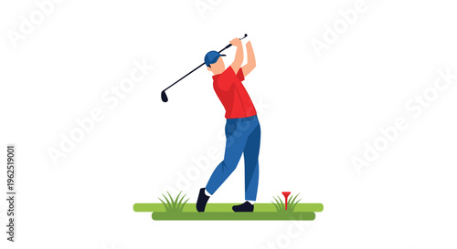 A male golfer in a blue cap and red shirt is captured mid-swing with a golf club.