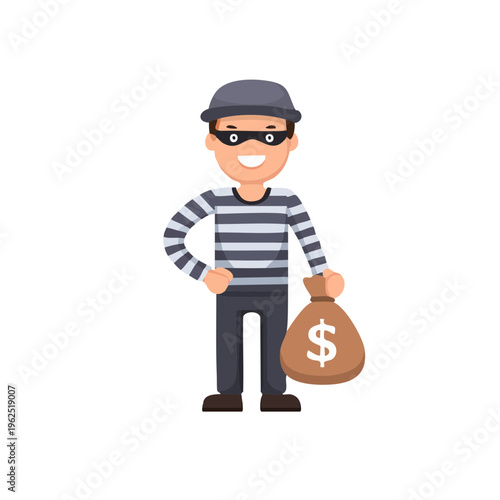 A smiling thief character with a money bag and a mask, embodying the concept of crime