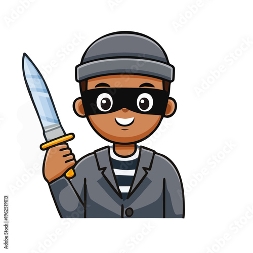 A cartoon robber in a mask, holding a knife