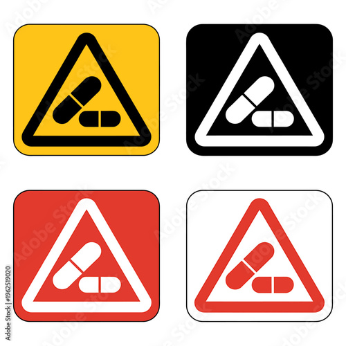 Warning signs with pills or capsules in triangle shapes  various colored icons