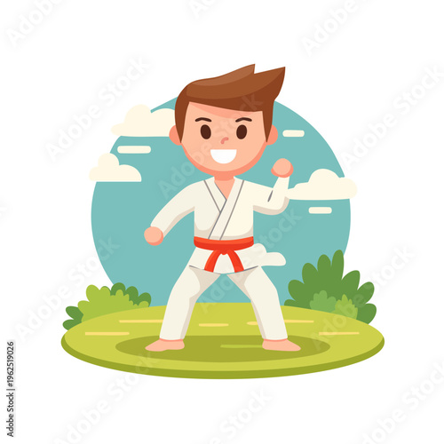 A young boy in a white karate uniform with a red belt, standing in a martial arts pose