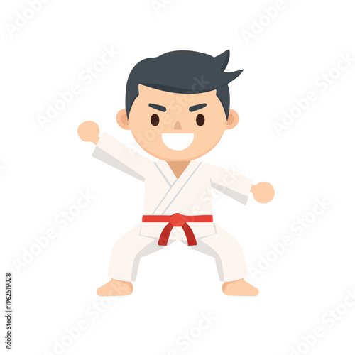 A young karate fighter in a classic fighting stance with a smiling expression. He is ready to train