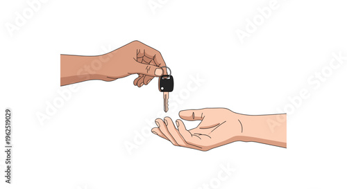 One hand with a car key extends towards an open receiving hand against a white background.