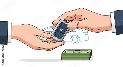 Two hands exchange a modern car key fob above a stack of green banknotes.