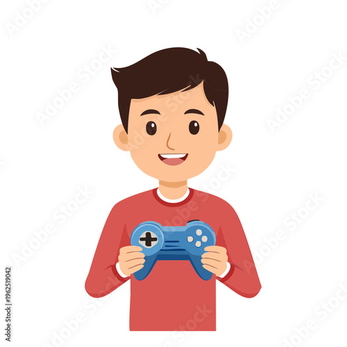 A cheerful boy holding a video game controller, ready to play games