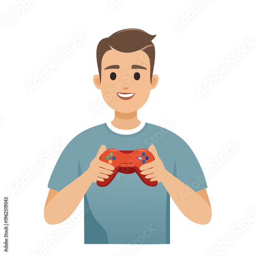 Young man gamer enthusiastically holding a game controller, ready to play. A cheerful expression and focused intent reveals a passion for gaming