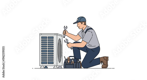 A male technician kneels while repairing a vertical air conditioning unit with two wrenches.
