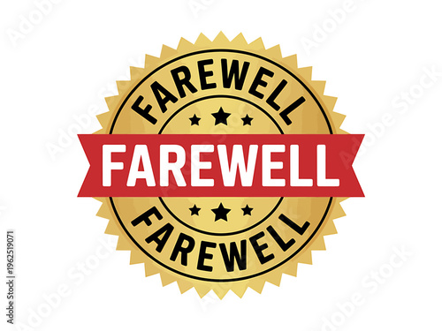 Golden farewell seal with red banner and white text on transparent background