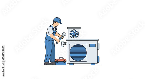 A male technician in blue overalls stands while repairing an outdoor air conditioning unit with a wrench.