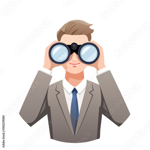 A business man searching with binoculars for opportunities, dressed in a suit and tie