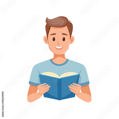 Young man smiling, absorbed in reading an open book