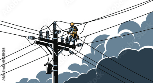 A lineman in a yellow hard hat works on a power pole with insulators and a transformer under a cloudy sky.