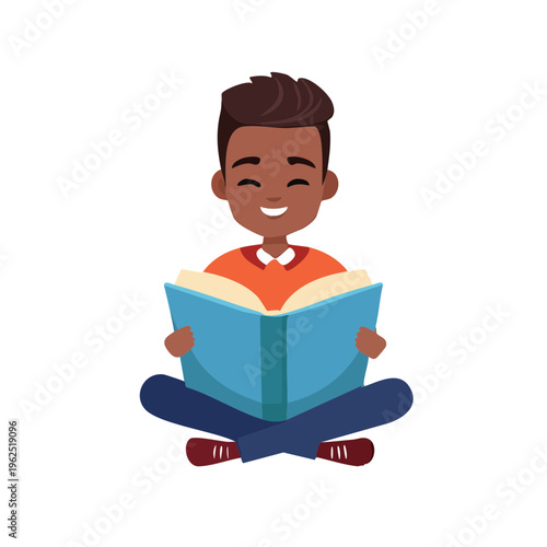 A young boy happily reading a book, embracing the world of stories with joy. The boy is in a sitting position, cross-legged, engaged in reading