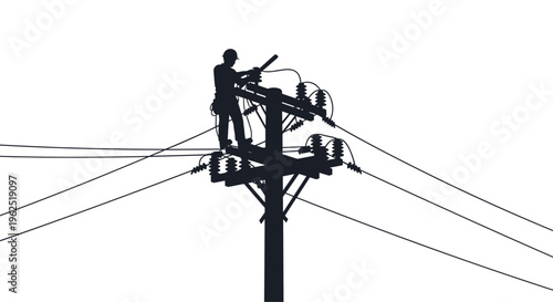 A lineman in a hard hat works on wires and insulators atop a tall utility pole against a pure white background.