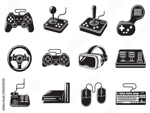 A collection of gaming controllers and peripherals
