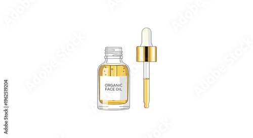 An open glass dropper bottle and a separate pipette with a golden cap contain yellow organic face oil on a white background.