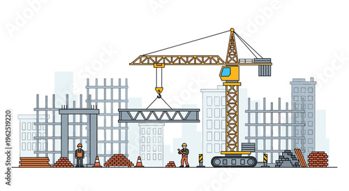 A yellow tower crane lifts a steel beam over an active construction site with unfinished buildings and workers.